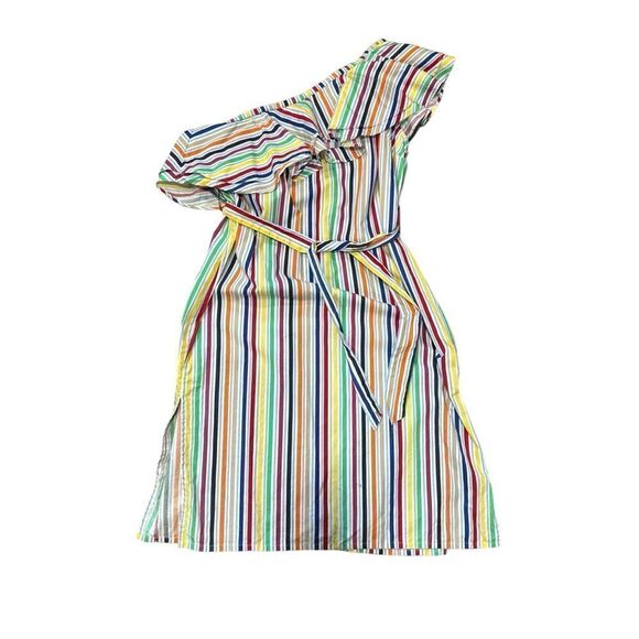 ASOS Rainbow One Shoulder Ruffle Midi Dress with Split in Bright Stripe - Picture 5 of 9